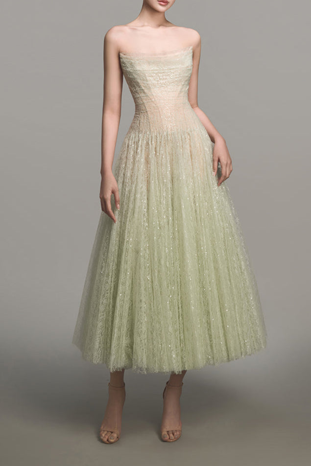 MINT DRAPED LACE MIDI DRESS