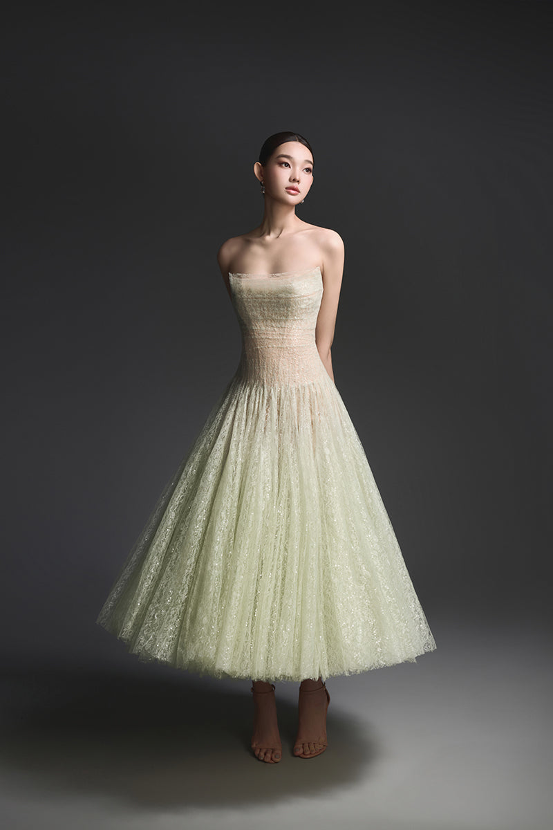 MINT DRAPED LACE MIDI DRESS