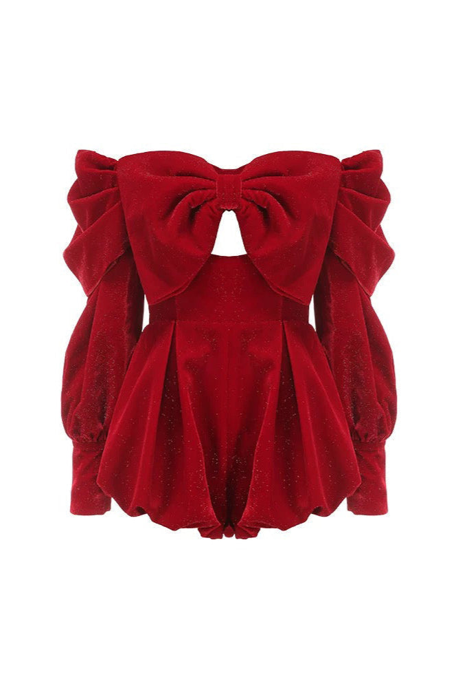 Red Bowknot velvet jumpsuit