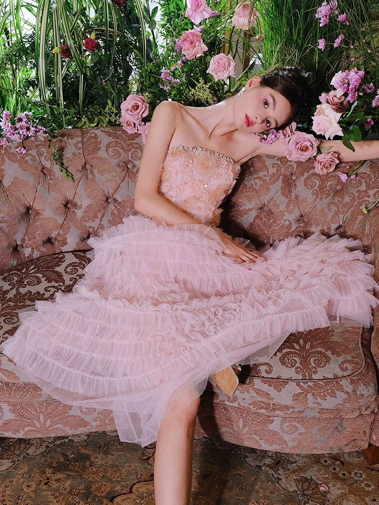Pink Princess layer ruffle midi floral Embroidery strapless Dress