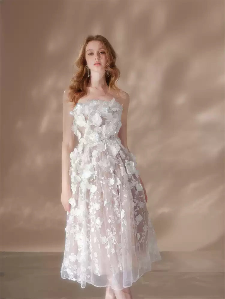 anna crystal floral embroidery midi dress in white