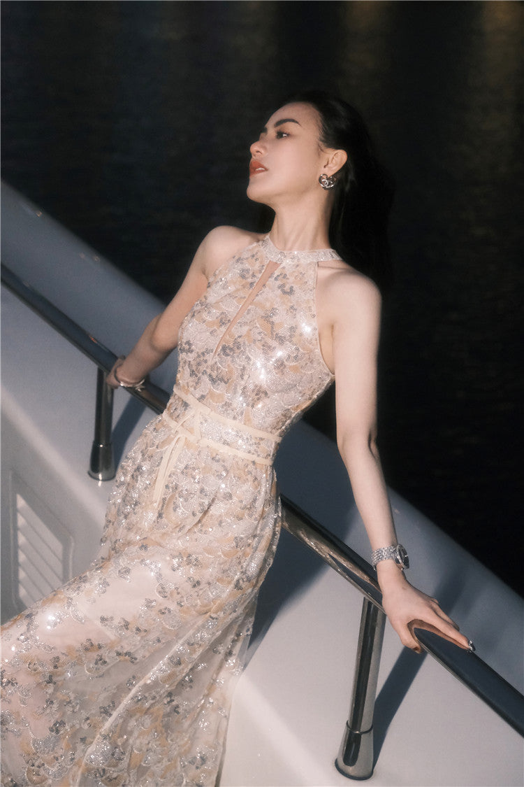 Gold Couture with Floral Embroidery Sequin Banquet Dress