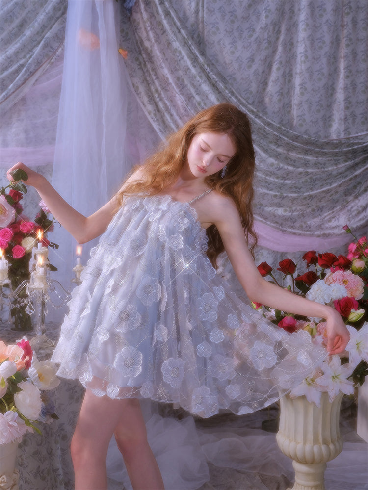 Tutu Light Blue Sleeveless Flower Diamond Short Doll Dress