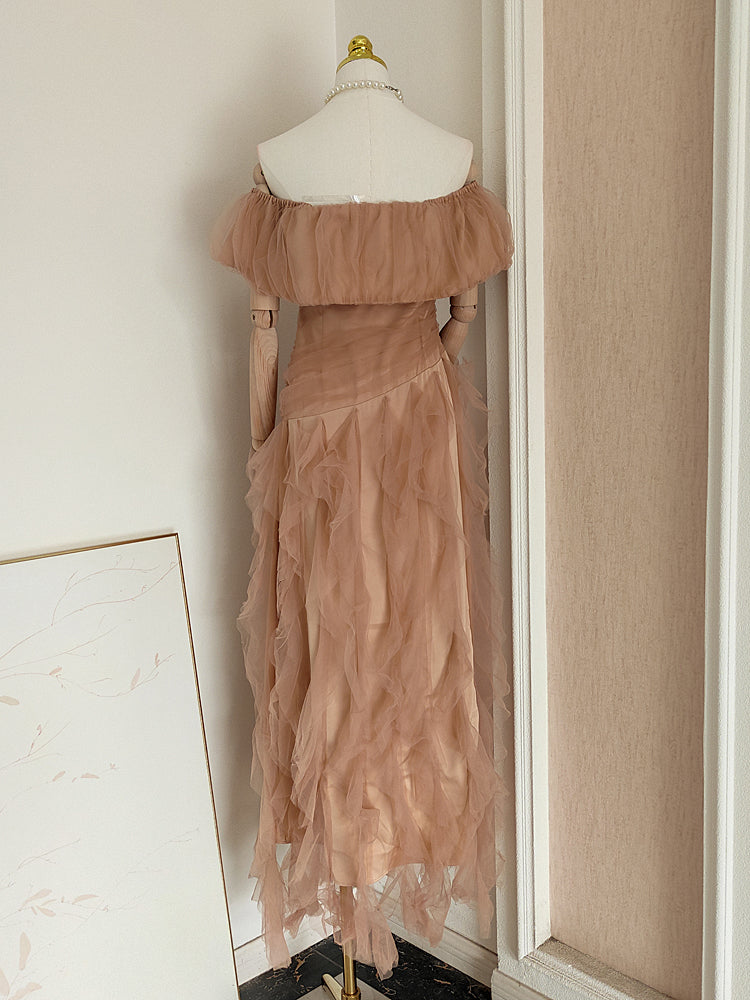 tulle tube top with rippling pattern maxi dress in Khaki