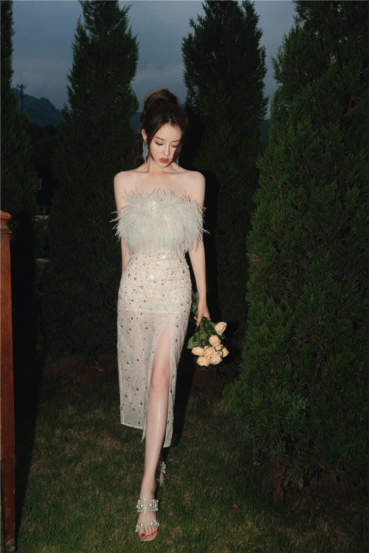 Masa White Haute Couture Feather Sequin Dress