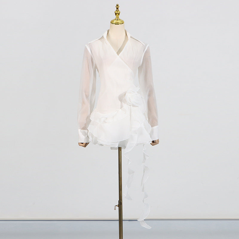 flower ruffle ribbon mini dress in white