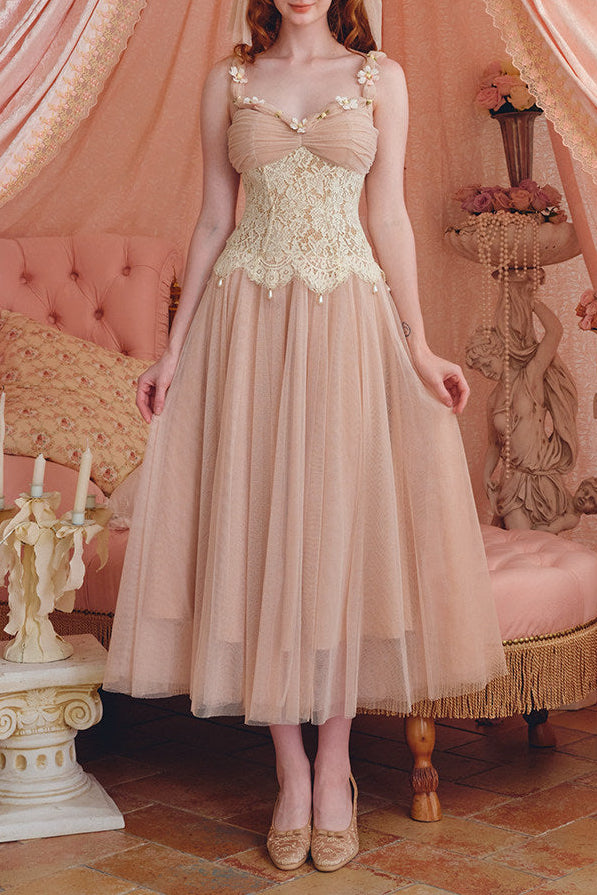 heloise lace mesh flower detail maxi dress in cream pink