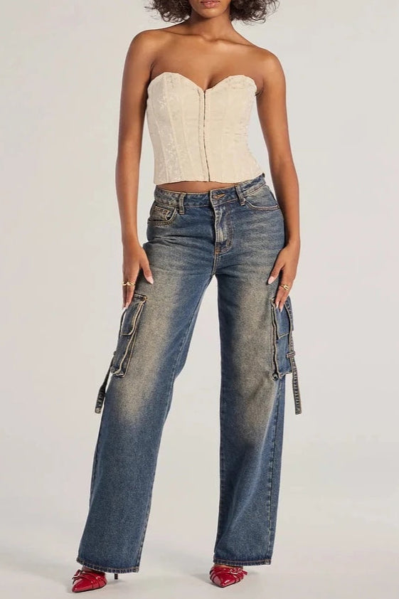 Brocade Satin Strapless Corset Top in white