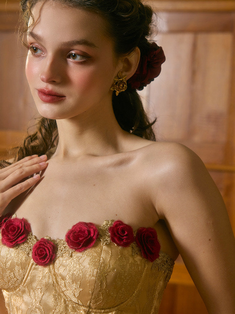 claire Wild Rose Corset maxi Dress - gold / red