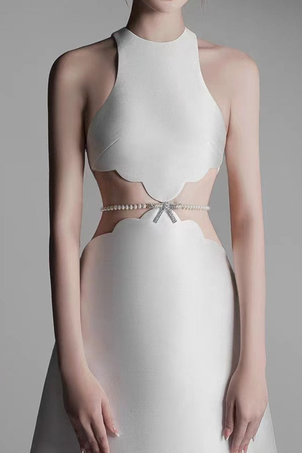 anila pearl chain embellished midi dress in apricot