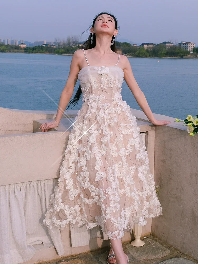 Leah White/Beige Sleeveless  Flower Dress
