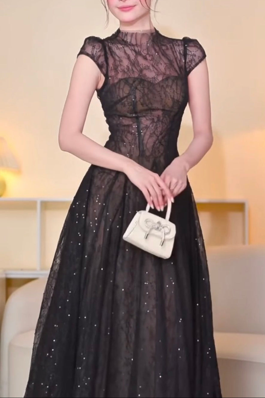 lace sequin A line midi dress