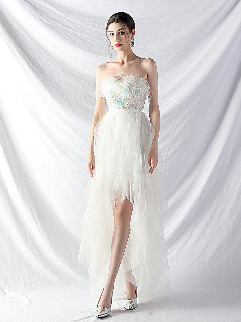Strapless feather tulle midi dress