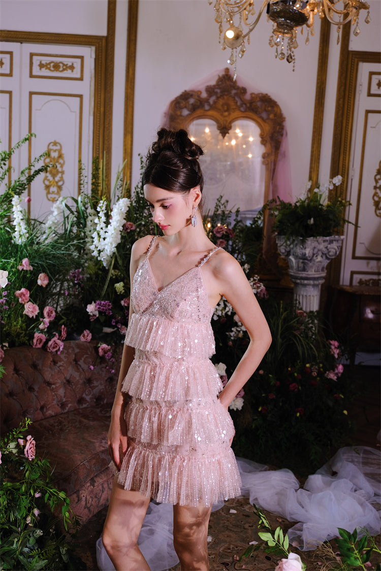 Pink Sleeveless Sequin layer ruffle short Dinner Dress