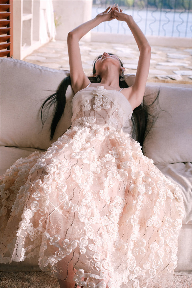 Leah White/Beige Sleeveless  Flower Dress