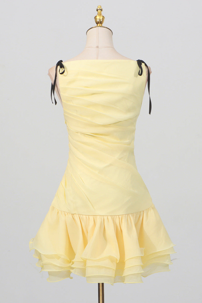 ruched ruffle hem sleeveless mini dress in yellow
