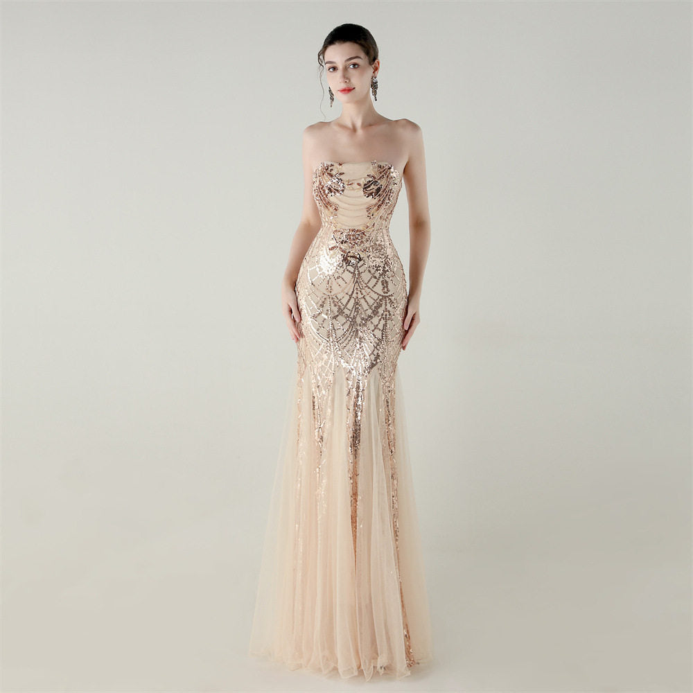 sequin strapless tulle maxi dress
