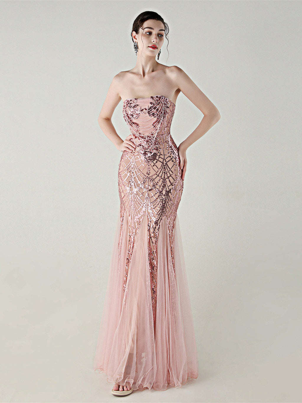 sequin strapless tulle maxi dress