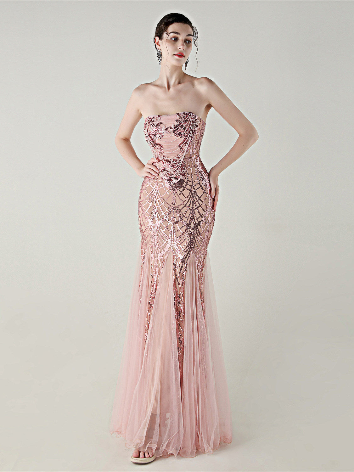 sequin strapless tulle maxi dress