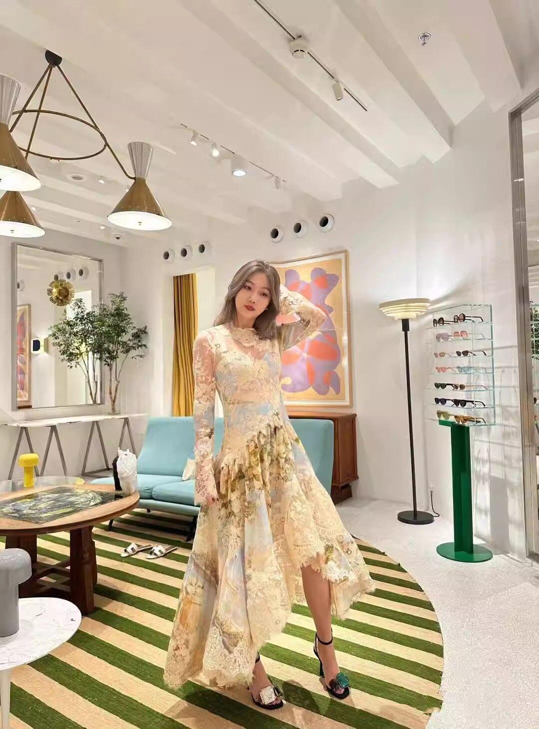 kristin Long Sleeves Floral Printed Asymmetric Lace Maxi Dress