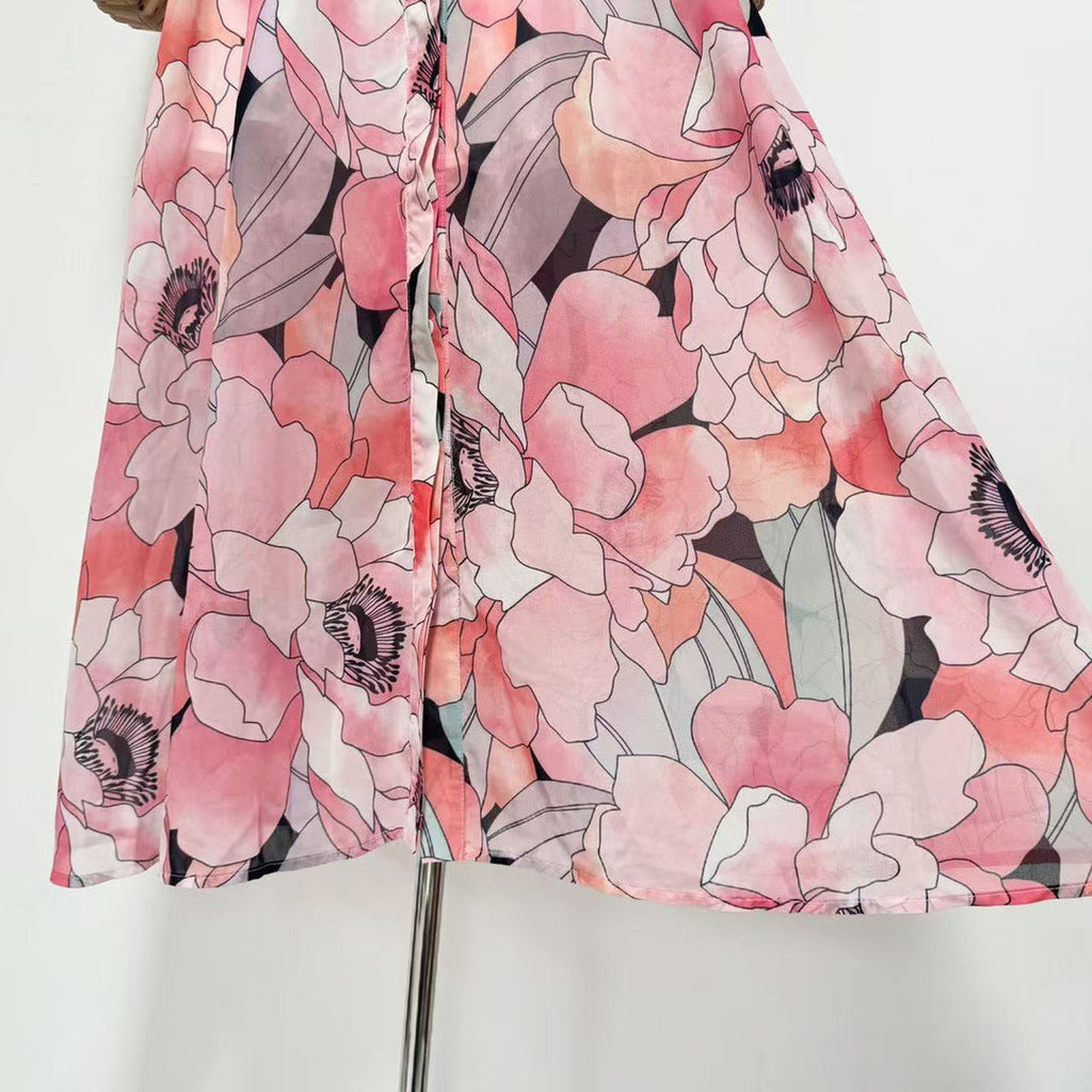 floral print silk organza maxi dress in pink-multi