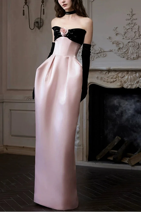 Satin Pink flower Strapless maxi prom dress