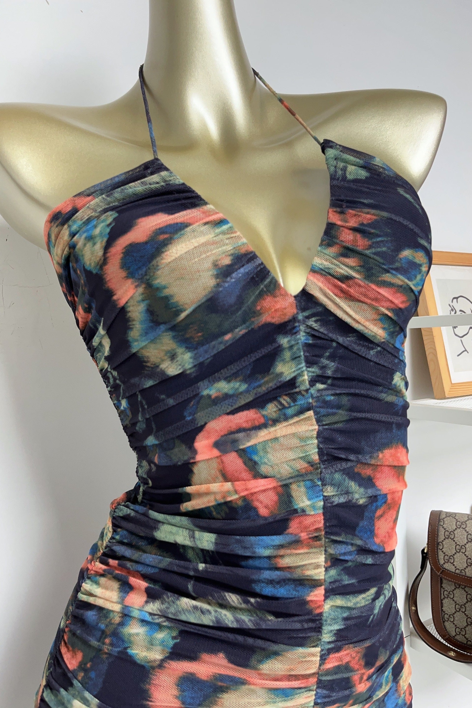 multicolor floral print pleated Bodycon Mini Dress