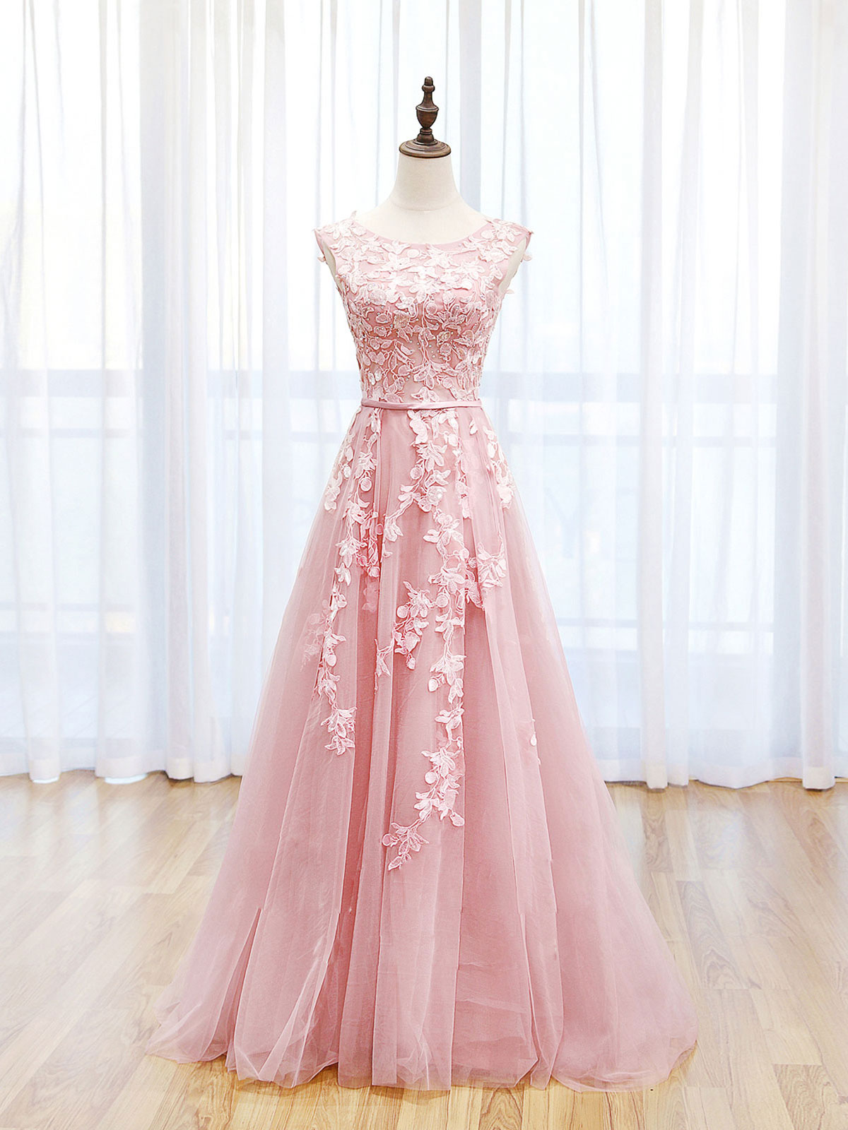 A-Line Lace Pink floral Dress