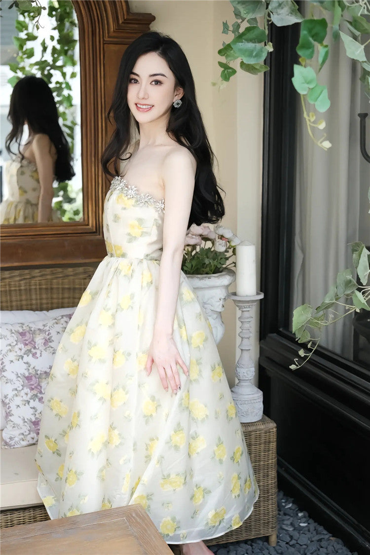 Lemon Yellow Strapless Long Cocktail Dress-Butter Cup