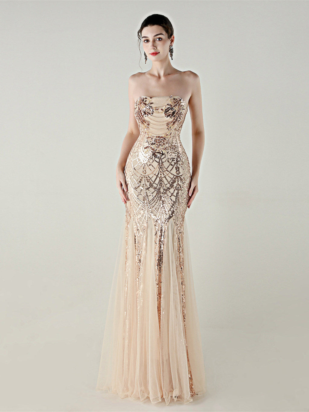 sequin strapless tulle maxi dress