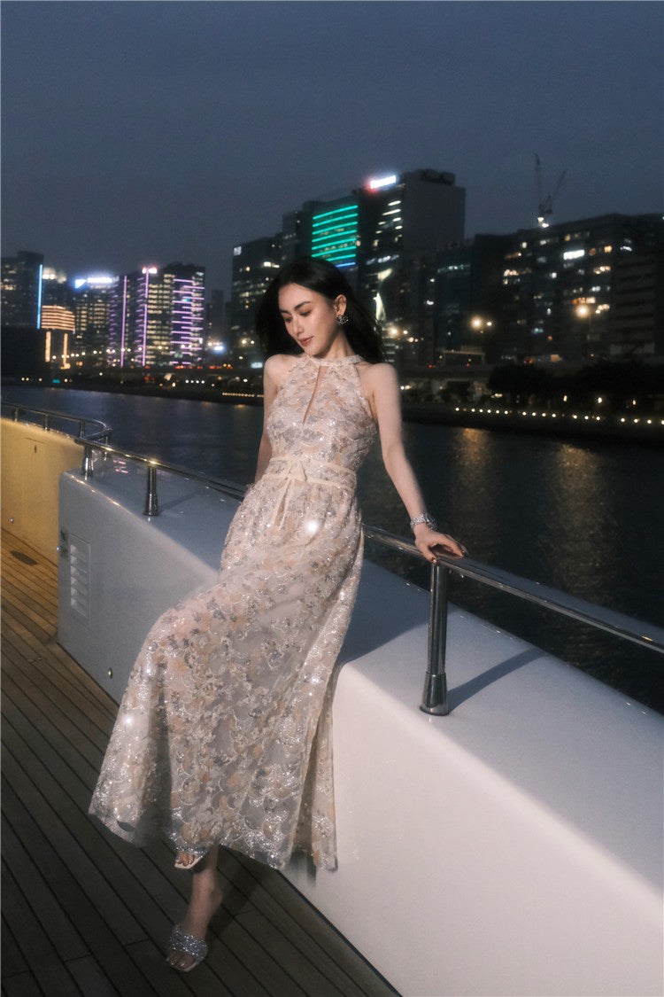 Gold Couture with Floral Embroidery Sequin Banquet Dress