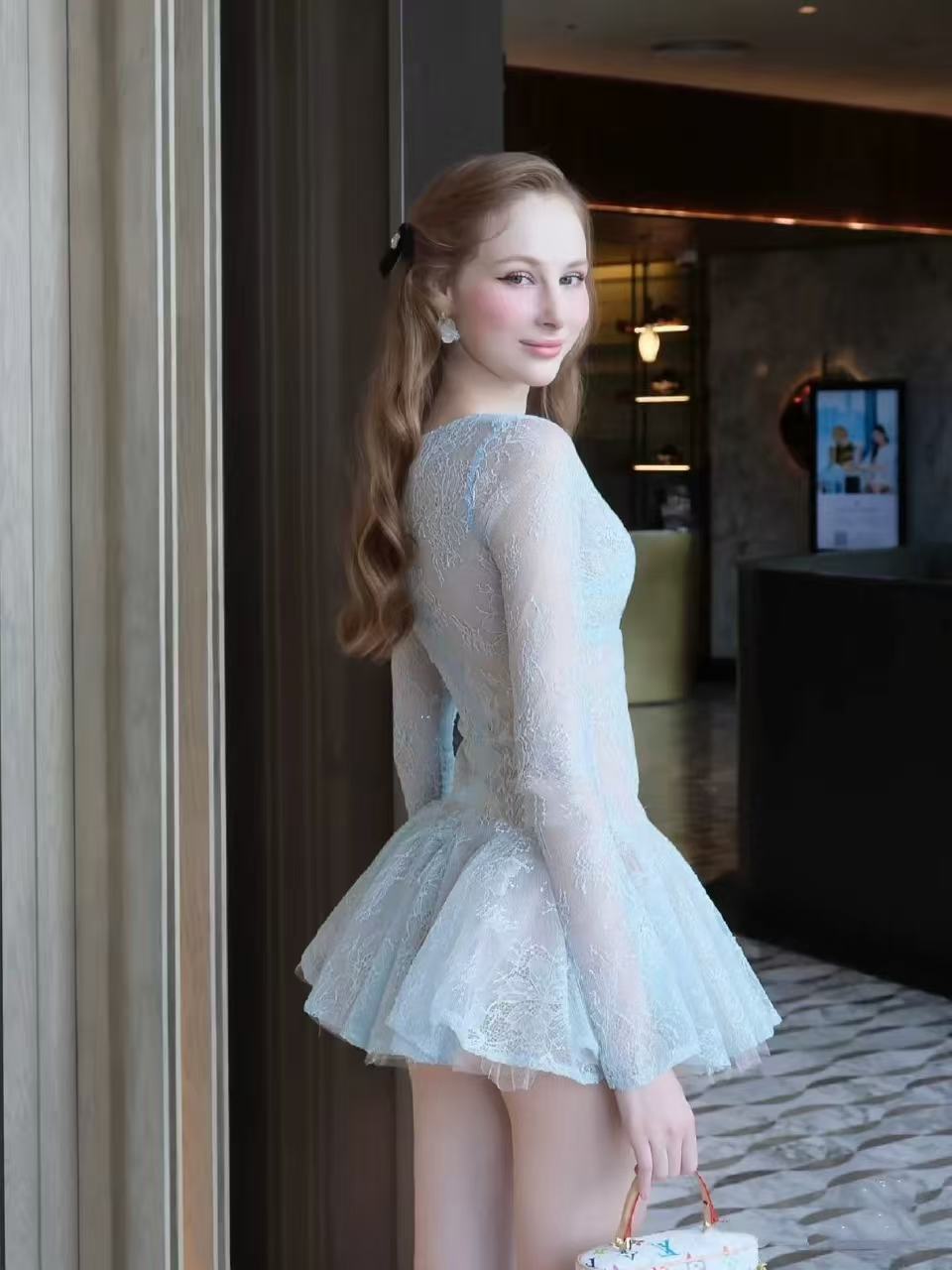 eileen Long-sleeve v-neck lace A-line mini dress in blue