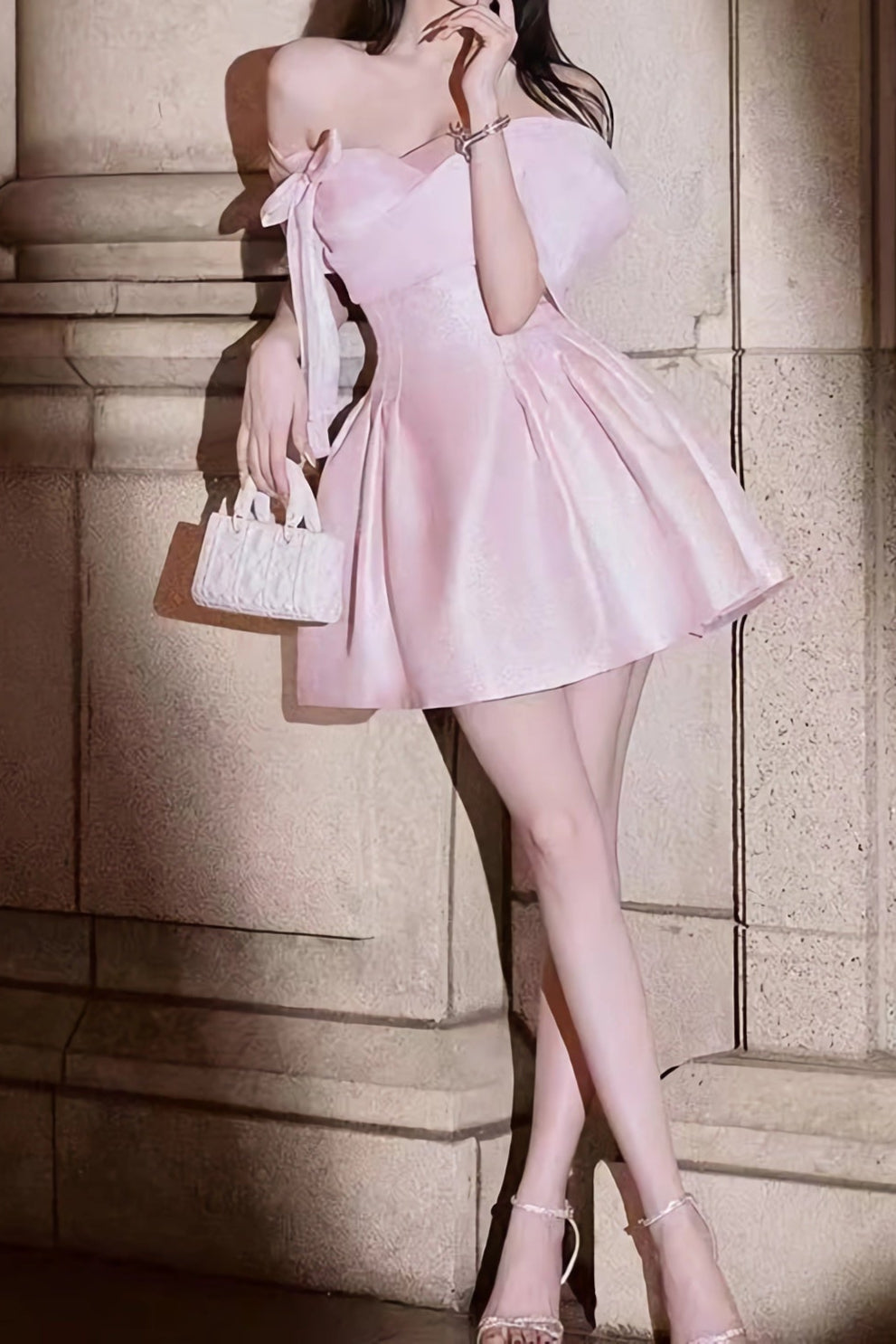 ashley bow strapless Puff mini dress in pink