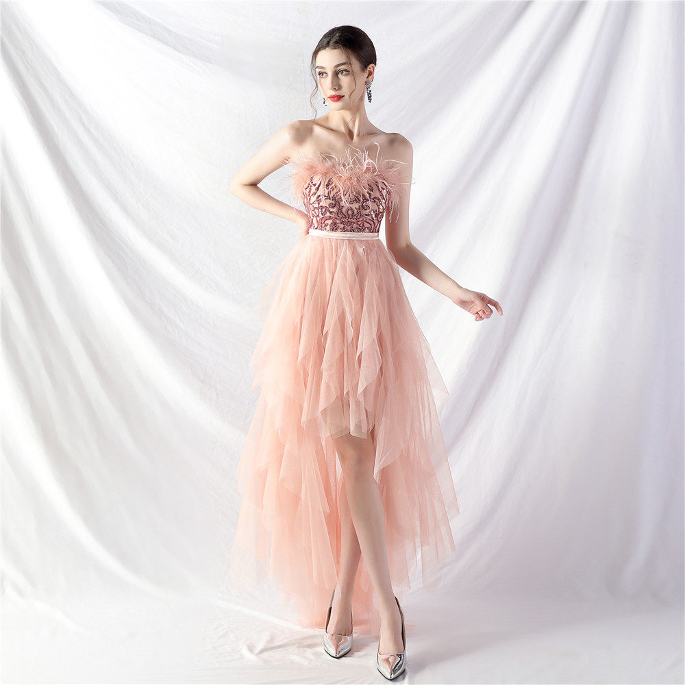 Strapless feather tulle midi dress