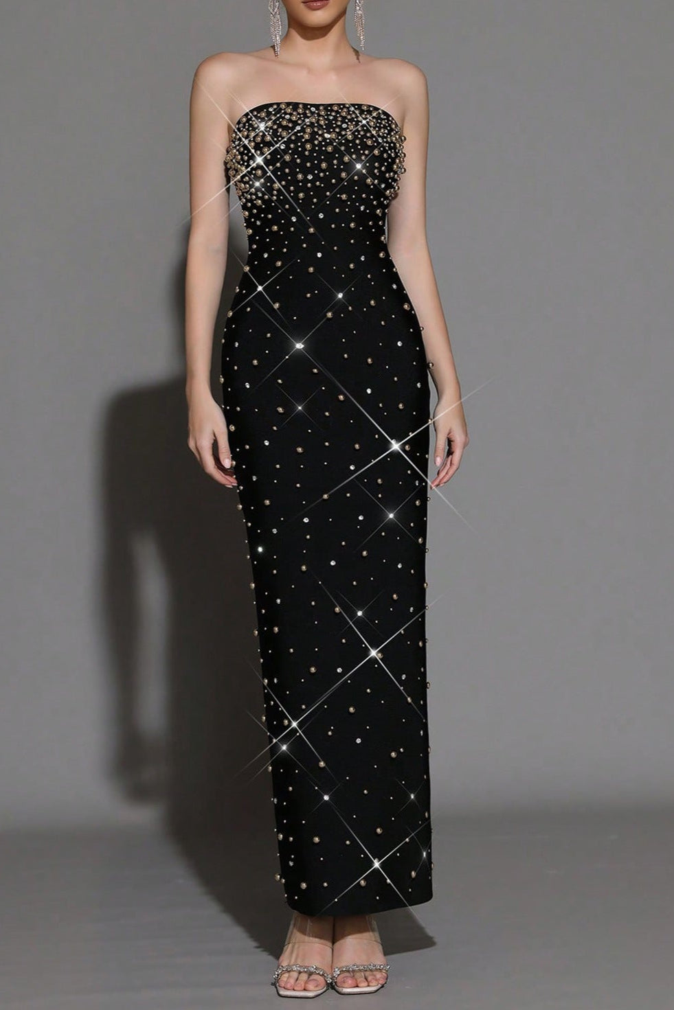 Pearl Rhinestone Beaded strapless black maxi dress
