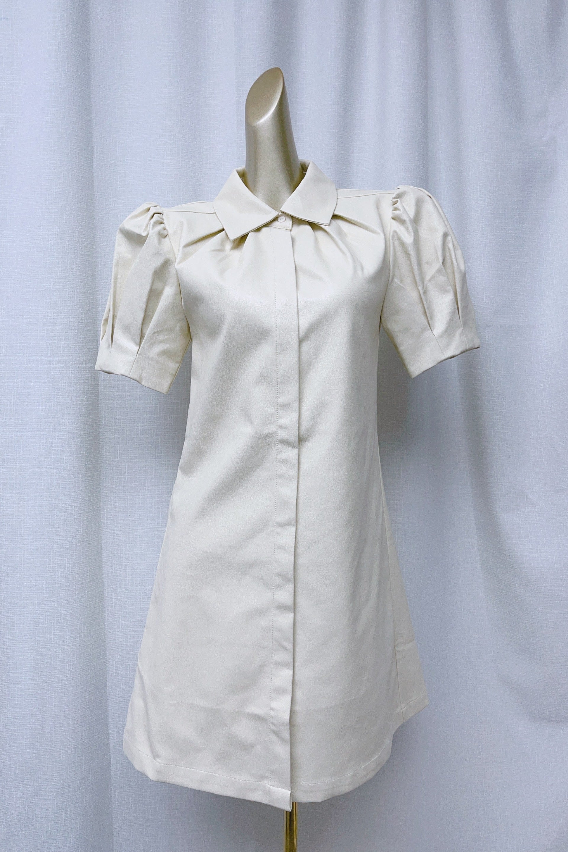 White lapel collar leather puff sleeves mini dress