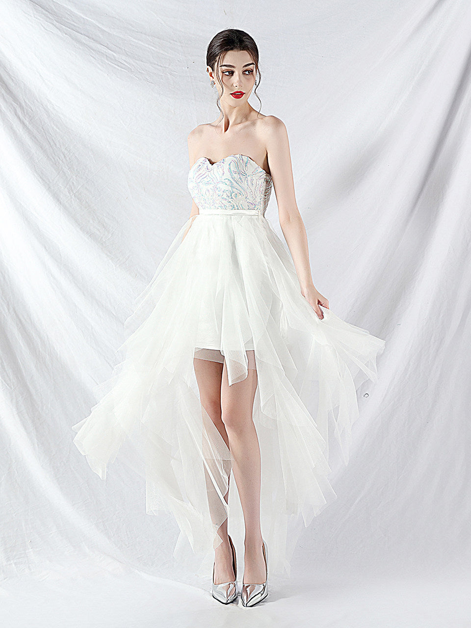 strapless sequin tulle midi dress