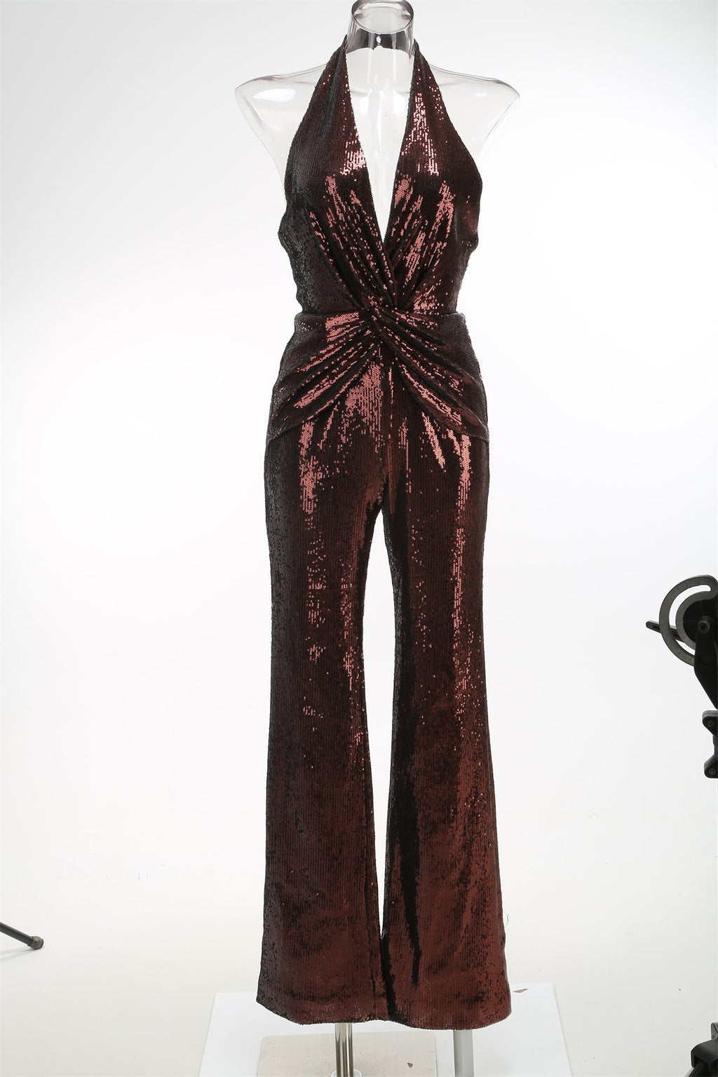 nora brown Sequin halterneck deep V high waist flared jumpsuit