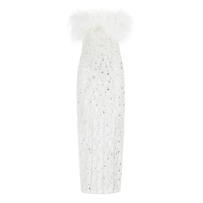 Masa White Haute Couture Feather Sequin Dress