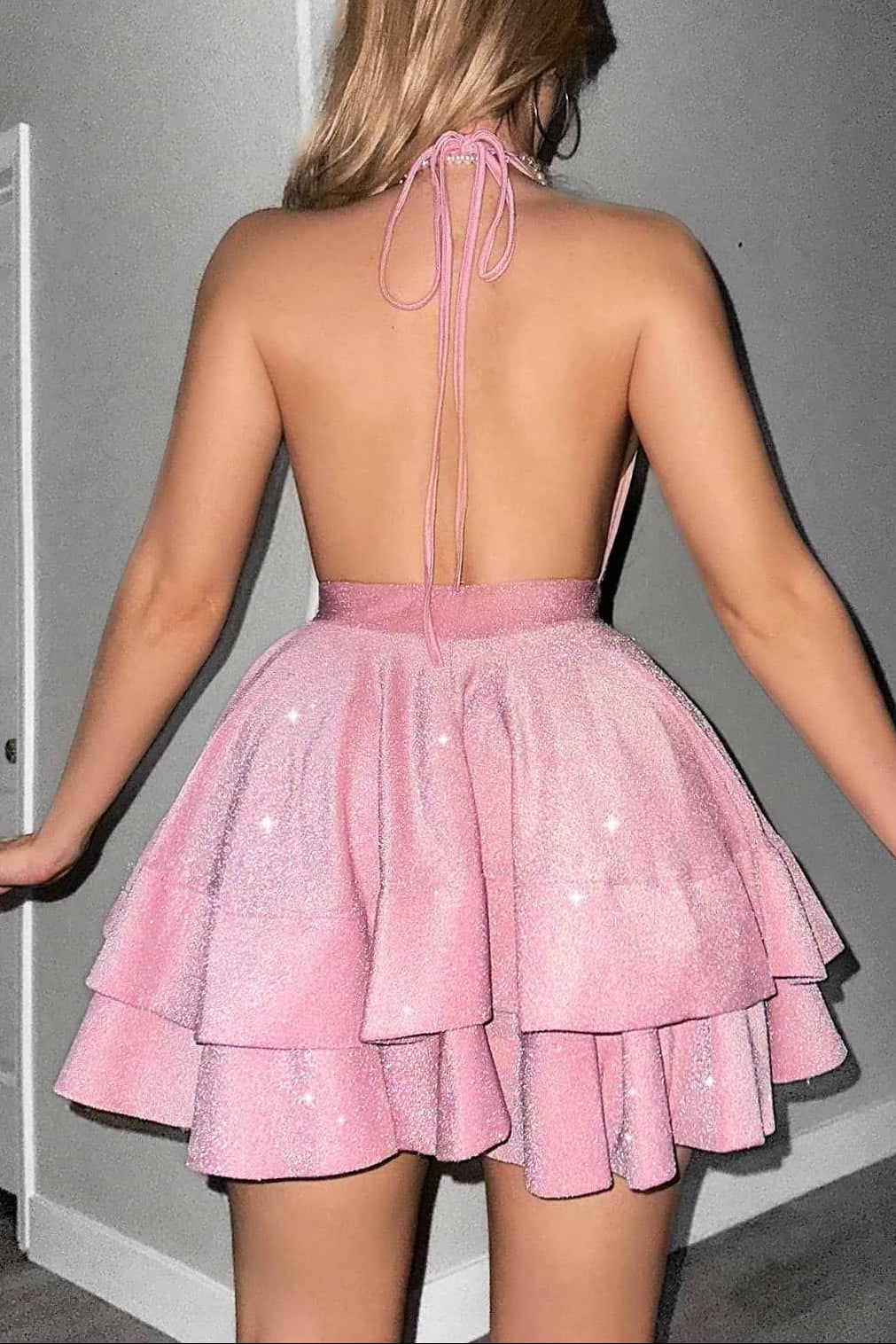 virginia A Line Halter  Tiered mini Dress in pink