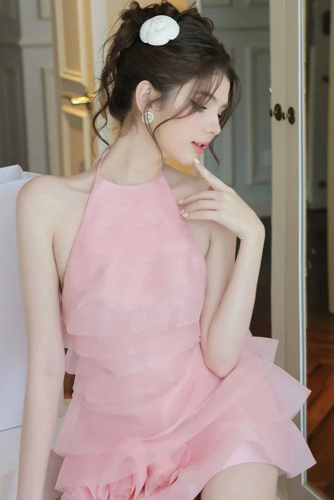 3d flower halter ruffle layer mini dress in pink