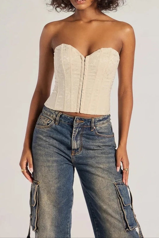 Brocade Satin Strapless Corset Top in white