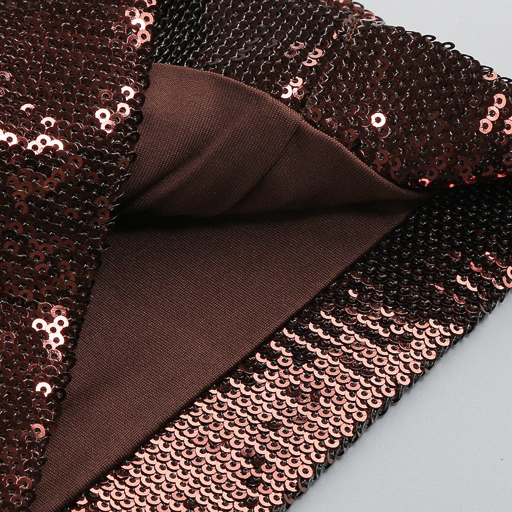 nora brown Sequin halterneck deep V high waist flared jumpsuit