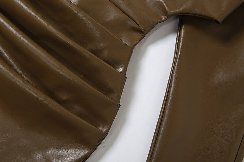 sibyl Leather fur collar asymmetrical mini dress in brown