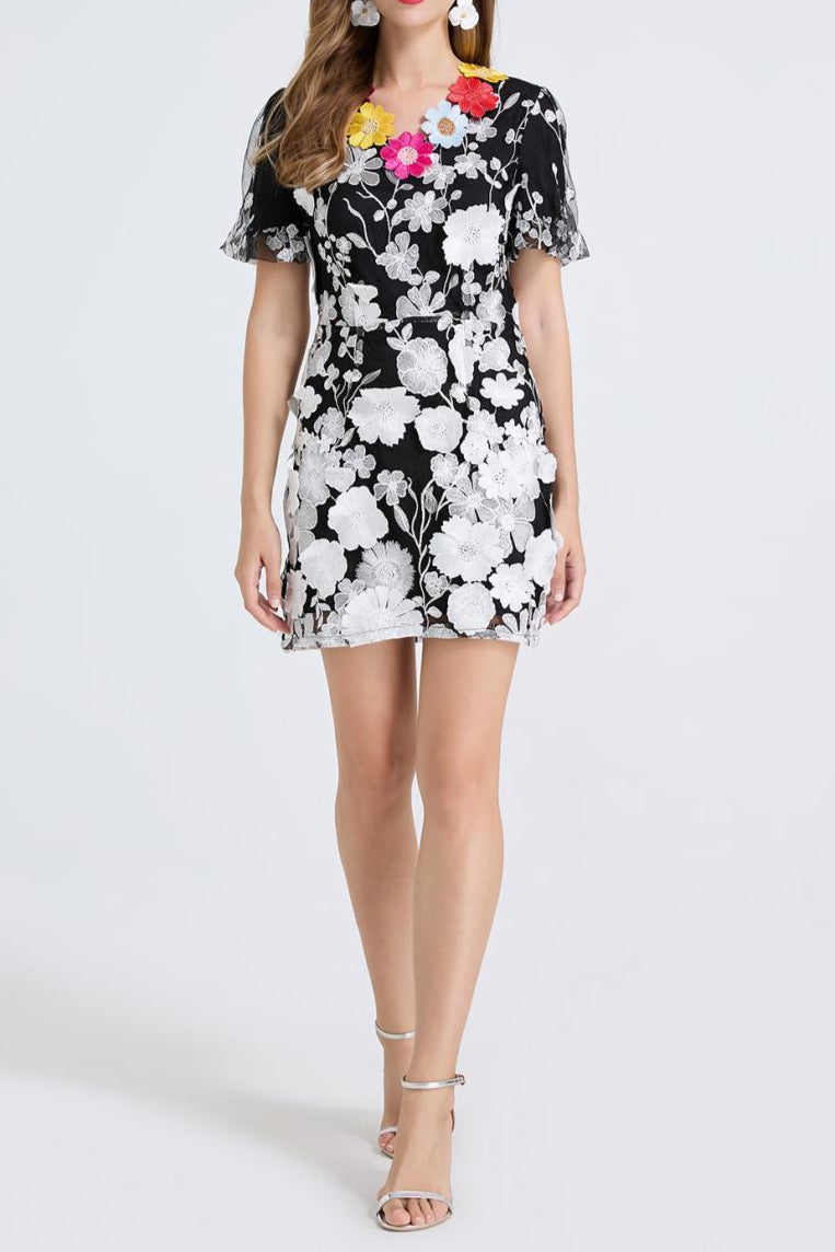letitia 3d floral embroidery mini dress in black
