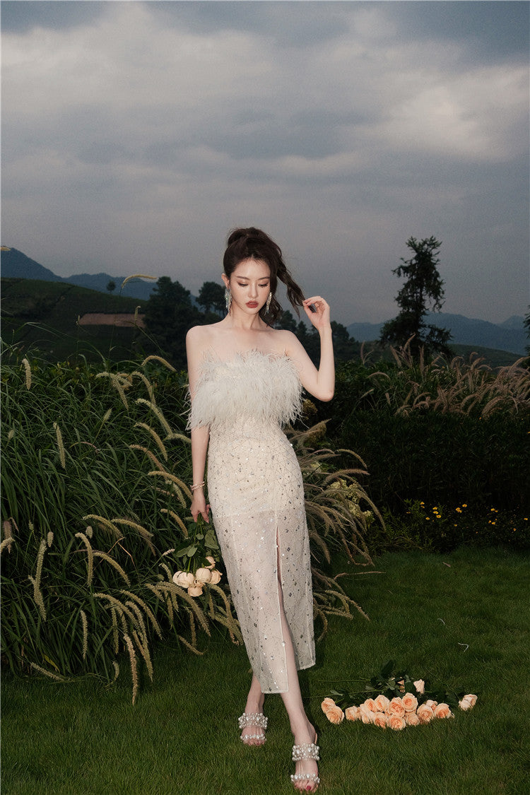 Masa White Haute Couture Feather Sequin Dress