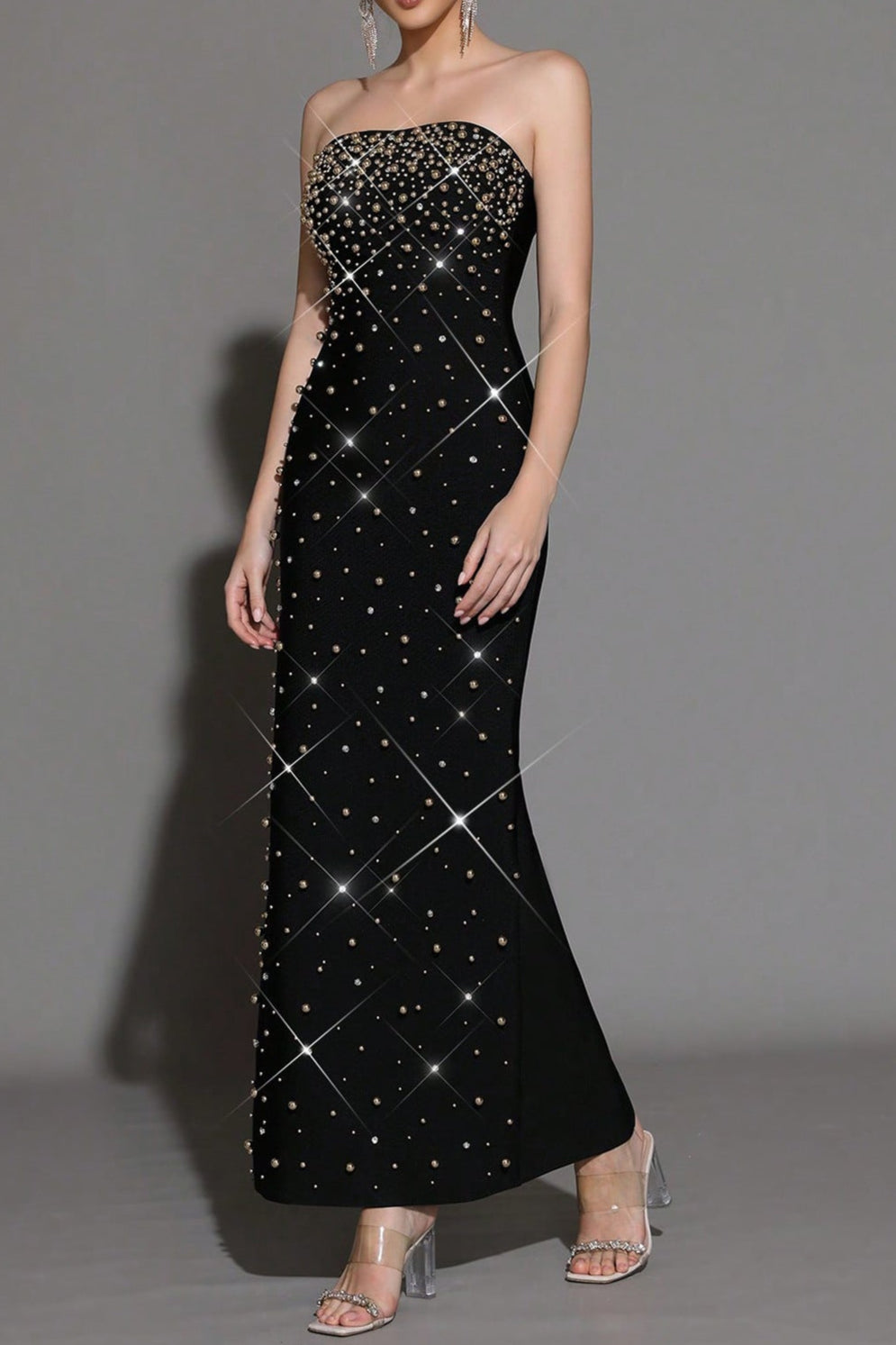 Pearl Rhinestone Beaded strapless black maxi dress