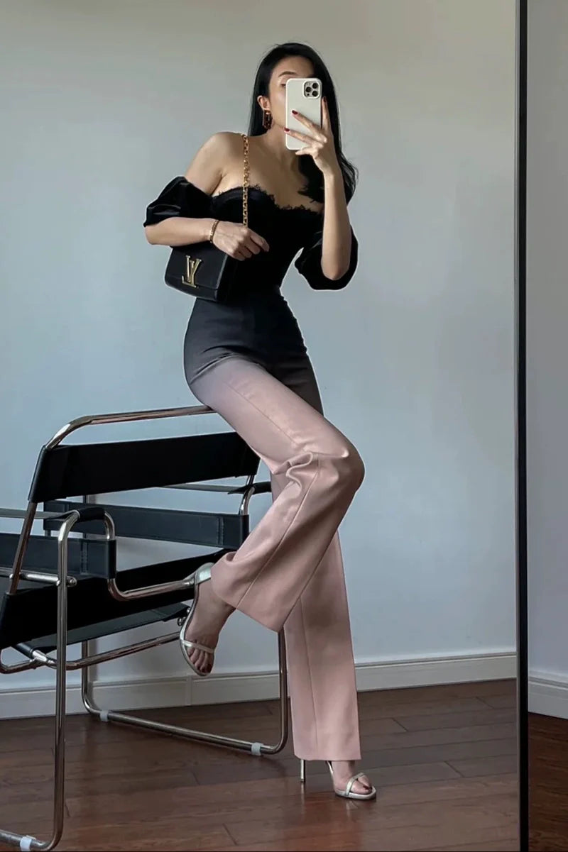 velvet tube top high waist trousers suit