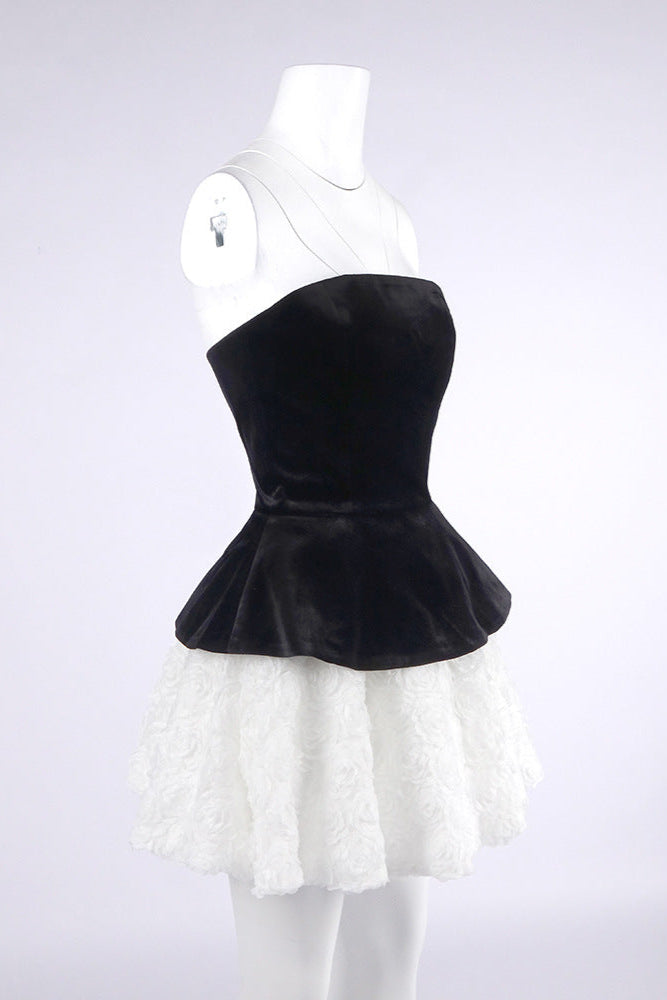 Petal-layered velvet top mini skirt suit without glove - black/white