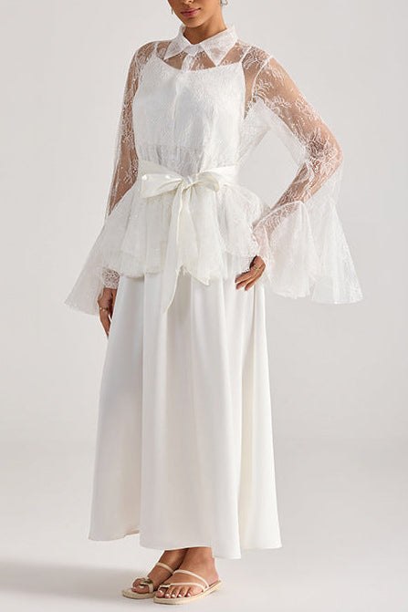 Tiffany white lace bell-sleeve ruffle embroidered top maxi skirt set